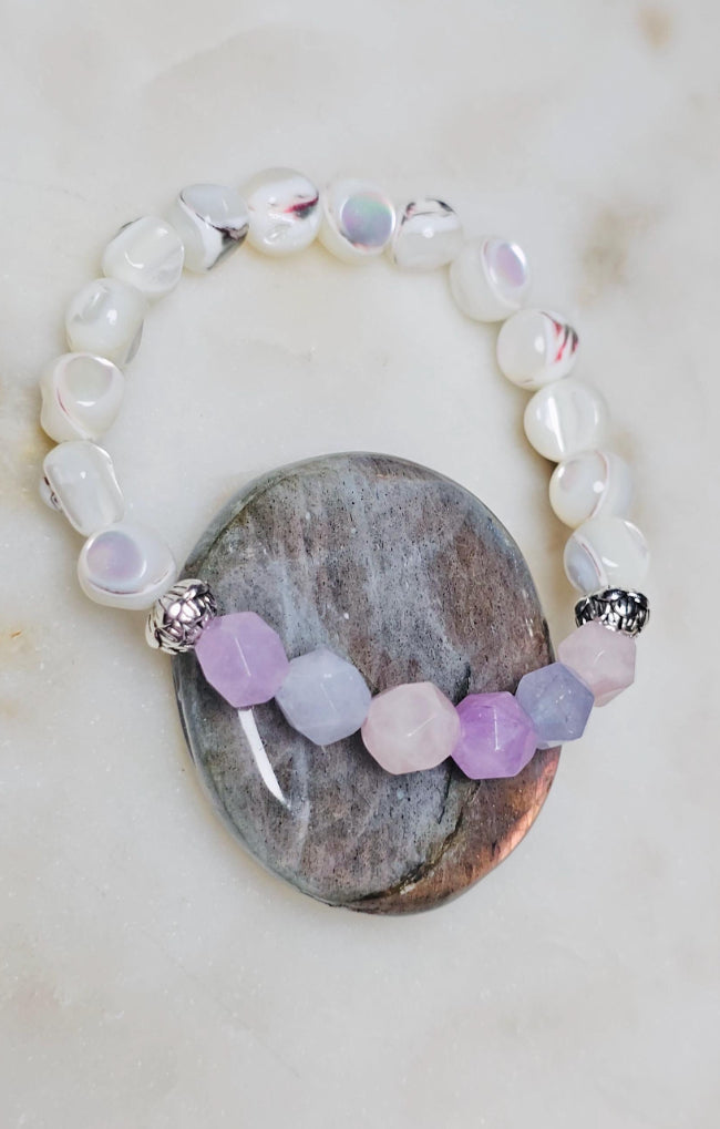 She Is Adored™ Aquamarine Amethyst Rose Quartz Mother of Pearl Bracelet | Divine Feminine Crystal Jewelry | Self Love Gift For Her