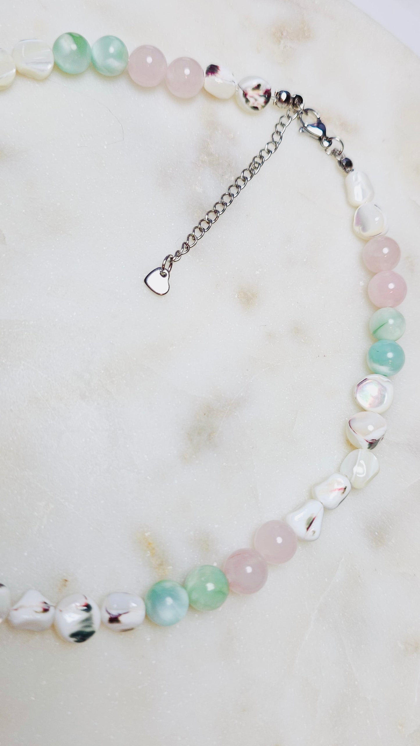Soft As She Goes™ Heart Healing Beachy Pearl Crystal Necklace | June Birthstone | Rose Quartz Green Moonstone Pearl | Handmade | Feminine