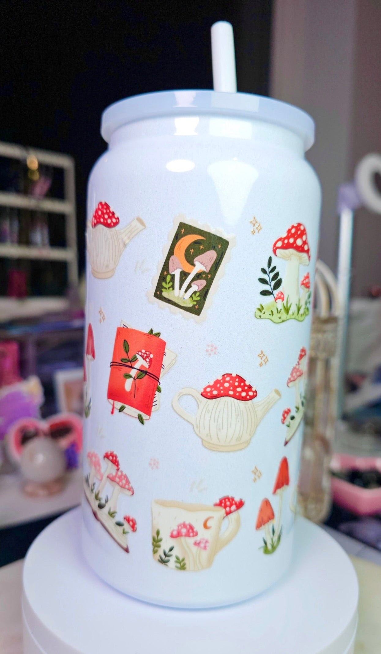 Cottagecore Mushroom Sparkly Stainless Steel Cup | Fairycore Tumbler with Straw | Whimsical Forest Aesthetic Gift