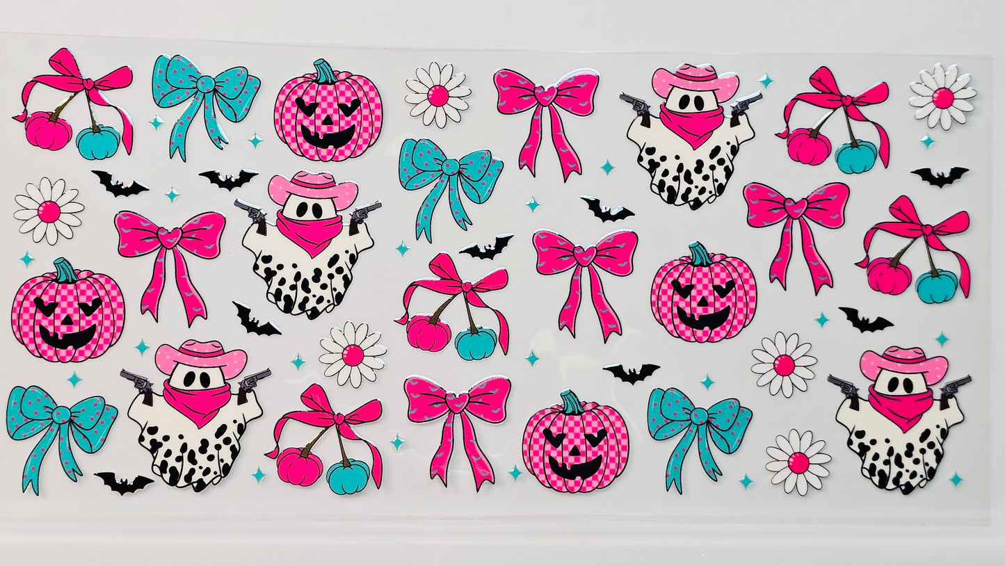 Western Halloween Cowboy Ghosties with Checkered Pumpkins Bows UVDTF Wrap 16 oz