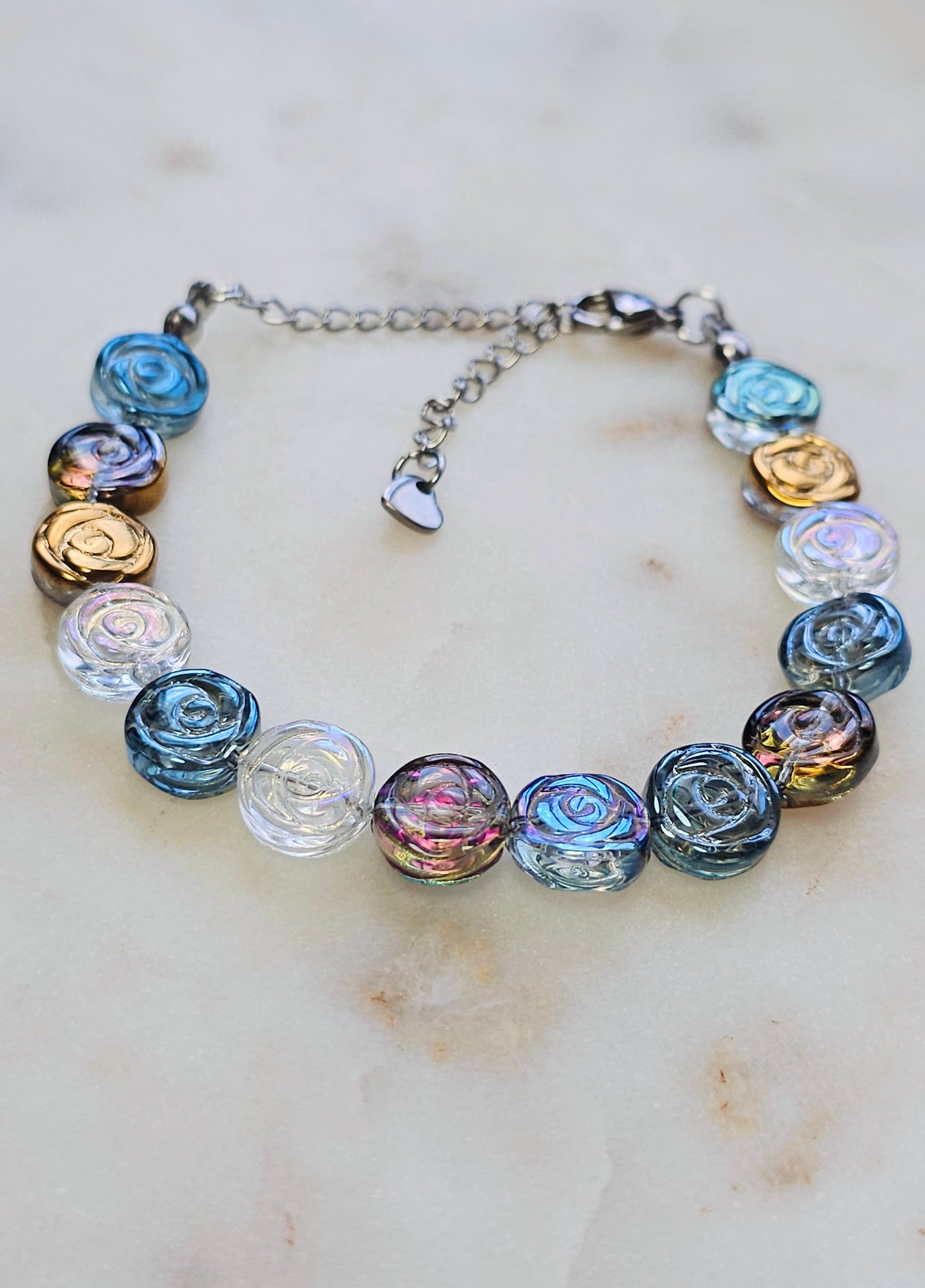 Color Shifting Glass Flowers Bracelet | Adjustable Bracelet | Heart Jewelry | Raver Bracelet | Girly Bracelet | Fairy Core
