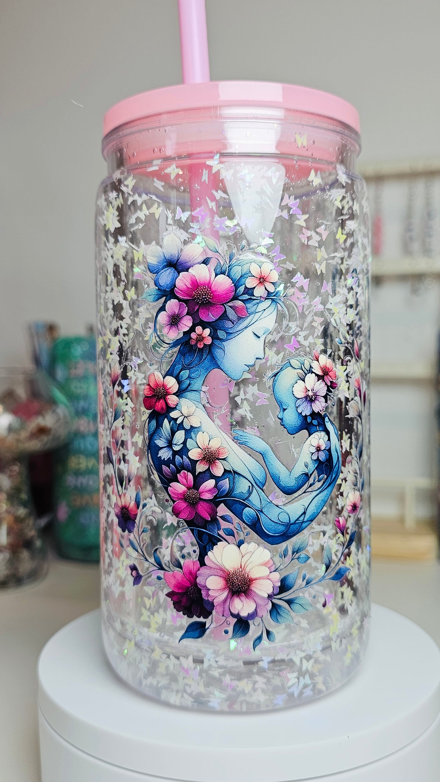 Mothers Day Mom with Baby Holographic Butterfly Glitter Snow Globe Tumbler Cup 16 oz
