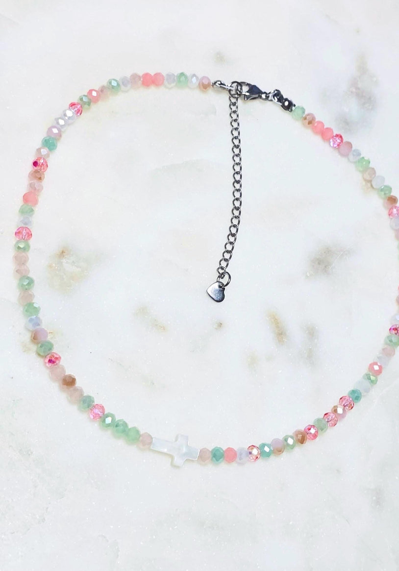 She Is Grace™ Mother of Pearl Cross Necklace | Dainty Jewelry| Multicolored Faceted Glass Rondelle Beaded Choker | Faith | Gift For Her | Stainless Steel