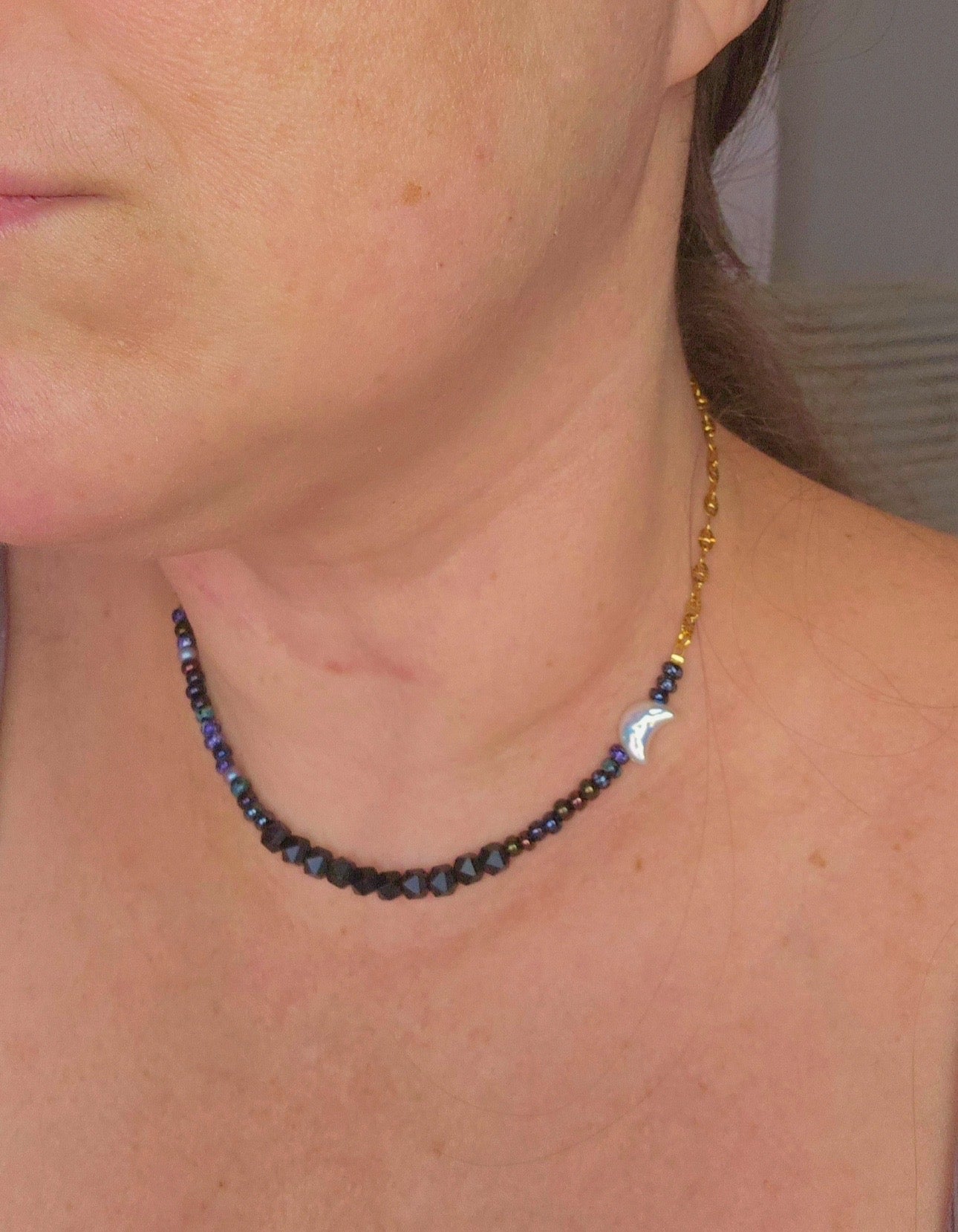 Moon Phase Protection Necklace™ | Black Onyx & Galaxy Czech Seed Beads | Stainless Steel Crystal Necklace