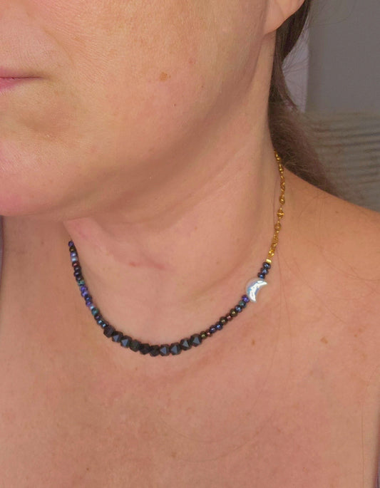 Moon Phase Protection Necklace™ | Black Onyx & Galaxy Czech Seed Beads | Stainless Steel Crystal Necklace