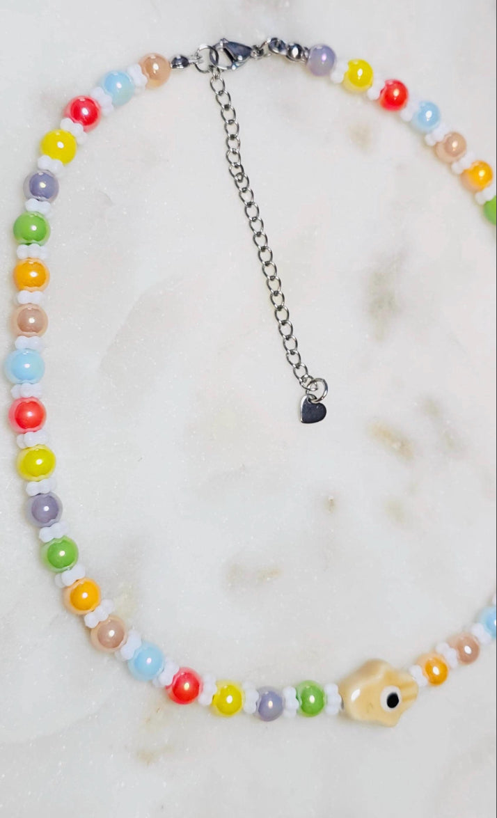 Spiritual Evil Eye Hamsa Rainbow Colorful Protective Necklace | Glass Beaded Choker | Evil Eye Bead | Czech Flower Spacers | Spiritual