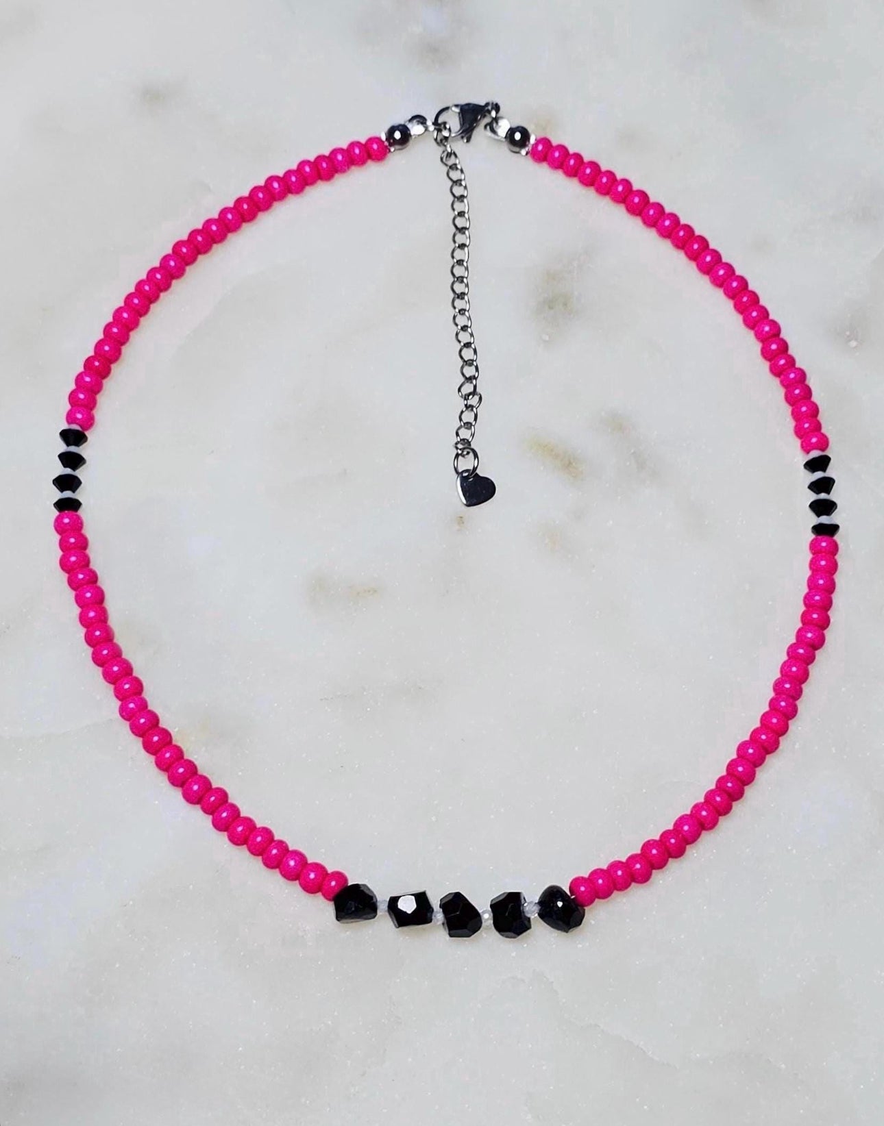 Not Today™ Black Tourmaline Clear Quartz Hot Pink Czech Bead Choker | Protection Crystal Necklace | Handmade Jewelry | Summer Neon Choker