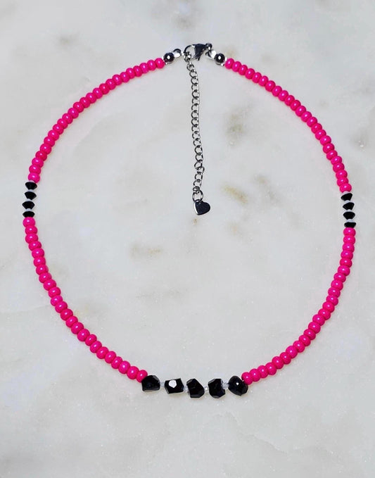 Not Today™ Black Tourmaline Clear Quartz Hot Pink Czech Bead Choker | Protection Crystal Necklace | Handmade Jewelry | Summer Neon Choker