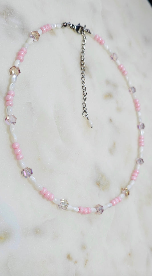 Freshwater Pearls | Pink Crystal Bicones |Czech Glass Seed Beads | Handmade Beaded Choker Necklace |  Pastel Pink White | Dainty Necklace